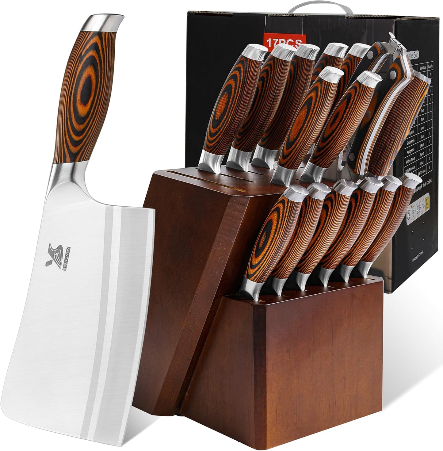 MSY BIGSUNNY Knife Block Set 17-piece Knife Set with Wooden Block - German Steel Perfect Cutlery Set Gift
