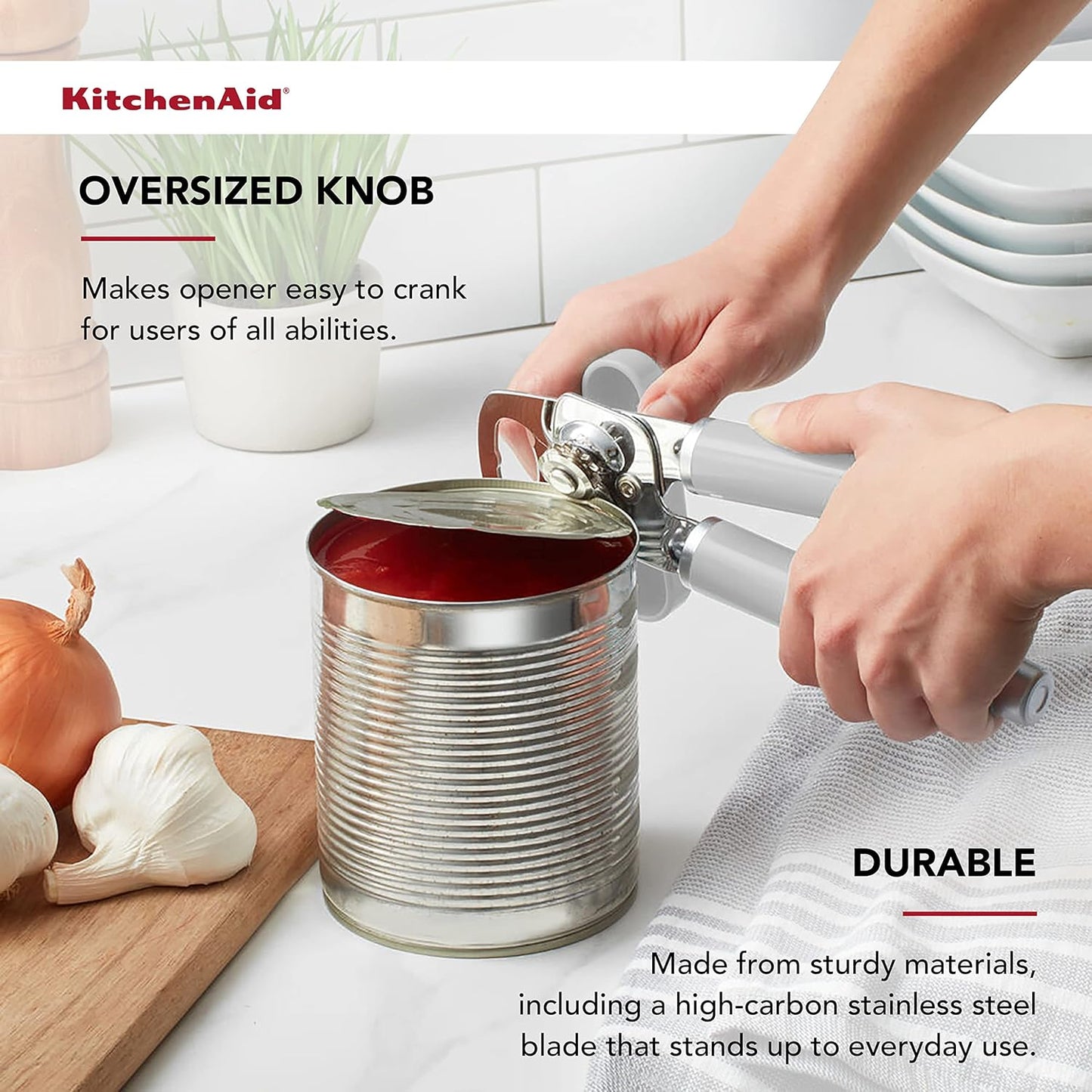KitchenAid Classic Multifunction Can Opener and Bottle Opener Easy to Use, Razor Sharp Stainless Steel Cutting Wheel, Soft Ergonomic Handles, White