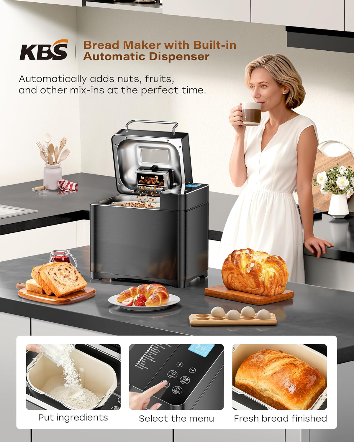 KBS Premium Convection Bread Maker Dual Heater, 17-in-1 Stainless Steel Bread Machine Ceramic Pan, Nut Dispenser,Touch Panel,2lb Loaf 3 Sizes 3 Crust Colors,Gluten-Free,Sourdough,Jam,Yogurt,53 Recipes
