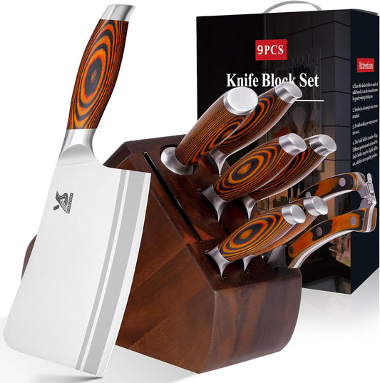 MSY BIGSUNNY 9pcs Knife Block Set, German Steel Kitchen Knife Set with Bone Chopper, Precious Pakkawood Handle for Chef Knife Block Set
