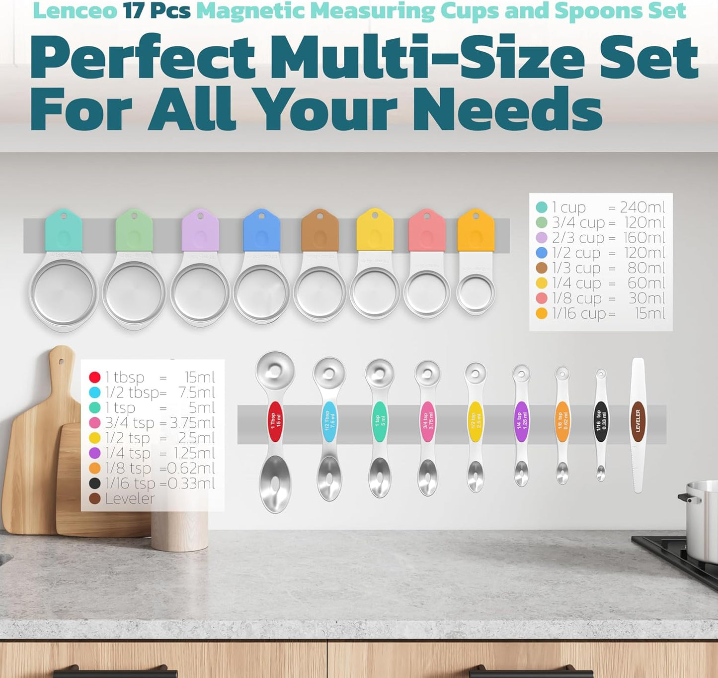 Magnetic Measuring Cups and Spoons Set of 17 - Stackable Stainless Steel Magnetic Measuring Spoons Set with Leveler - Dual Marking Scale Measuring Cup for Dry and Liquid Ingredients, Baking & Cooking