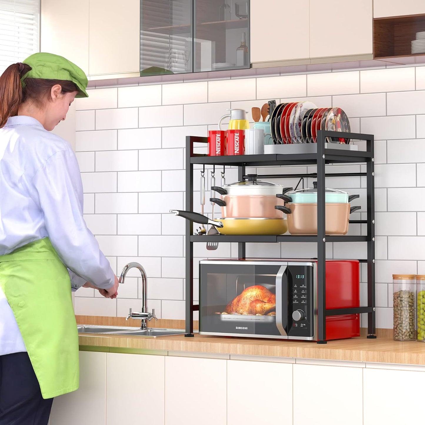 PUSDON Microwave Oven Rack, Adjustable Heavy Duty 3-Tier Shelf with 3 Hooks for Kitchen Counter Top Organizer, Holds 160lbs, Black