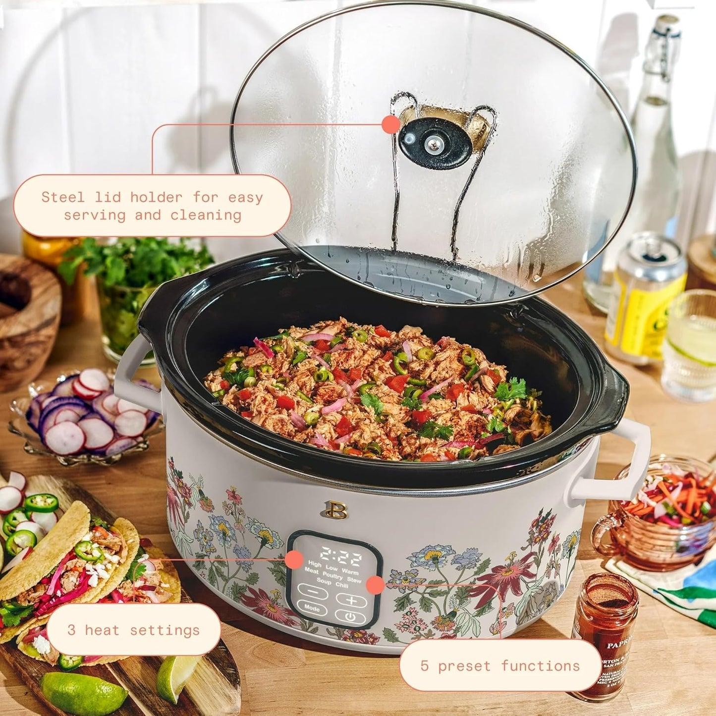 Beautiful 6 Qt Programmable Slow Cooker by Drew Barrymore - 5 Preset Cooking Functions, Digital Countdown Timer, Dishwasher-Safe Parts, and Cool-Touch Handles (Wildflower Porcini Taupe.)