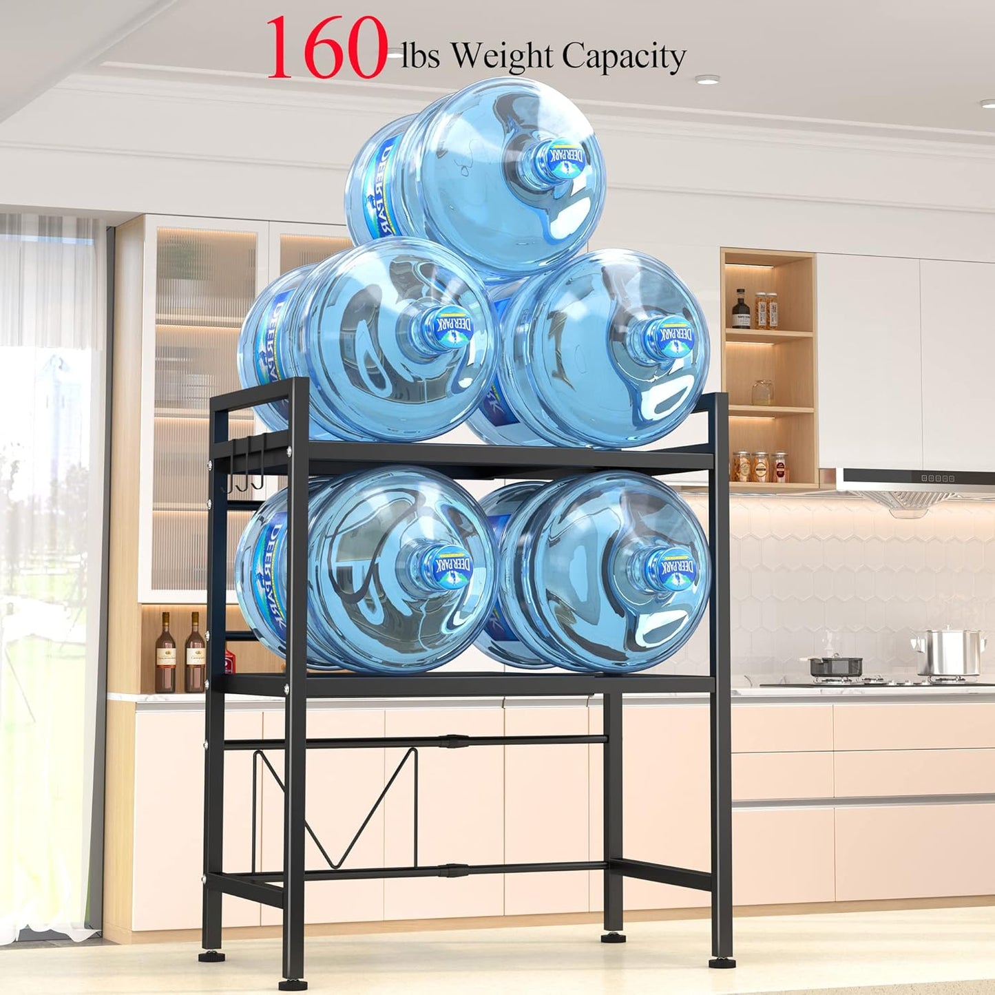 PUSDON Microwave Oven Rack, Adjustable Heavy Duty 3-Tier Shelf with 3 Hooks for Kitchen Counter Top Organizer, Holds 160lbs, Black