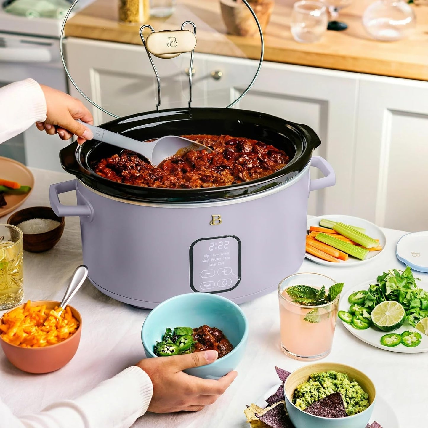 Beautiful 6 Qt Programmable Slow Cooker by Drew Barrymore - 5 Preset Cooking Functions, Digital Countdown Timer, Dishwasher-Safe Parts, and Cool-Touch Handles (Lavender.)
