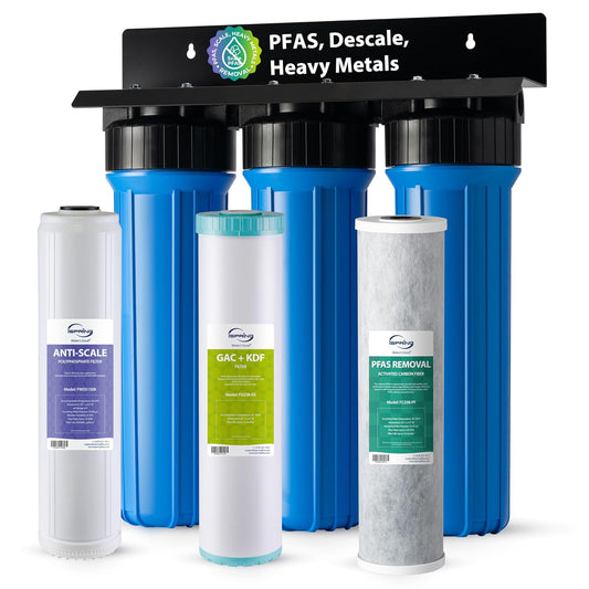 iSpring Whole House Water Filter System, Ultimate PFAS, Scale, Heavy Metals Protection Removes Up to 99% PFOA & PFOS with SGS-Tested Media, 3-Stage Filtration, 20” x 4.5” Filters, Model: WGB32B-PFKDS