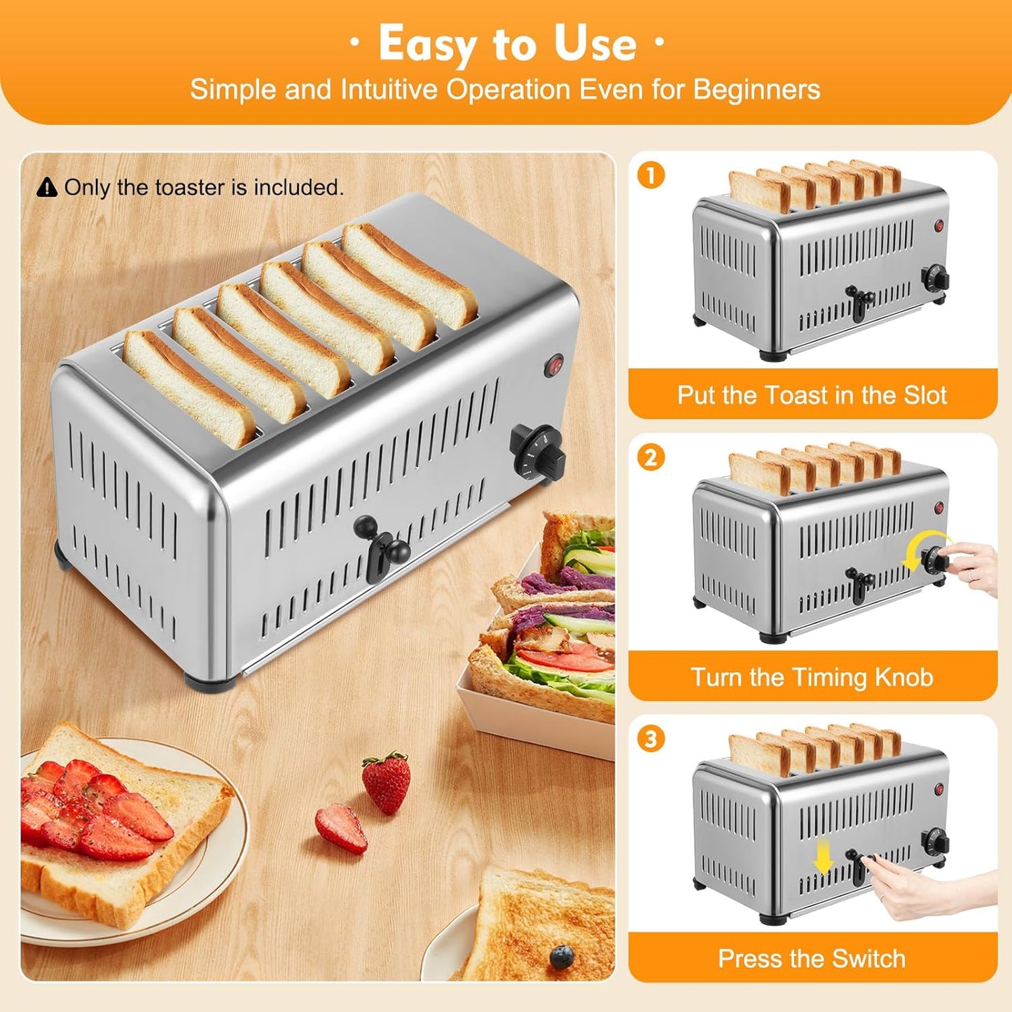 1680W Commercial Toaster, Commercial 6 Slices Stainless Steel Toaster 2 Modes Electric Machine with 1-5 Minutes Timier & Pull-Out Crumb Tray for Home, Bakery 16.1 x 8.7 x 8.5 Inch