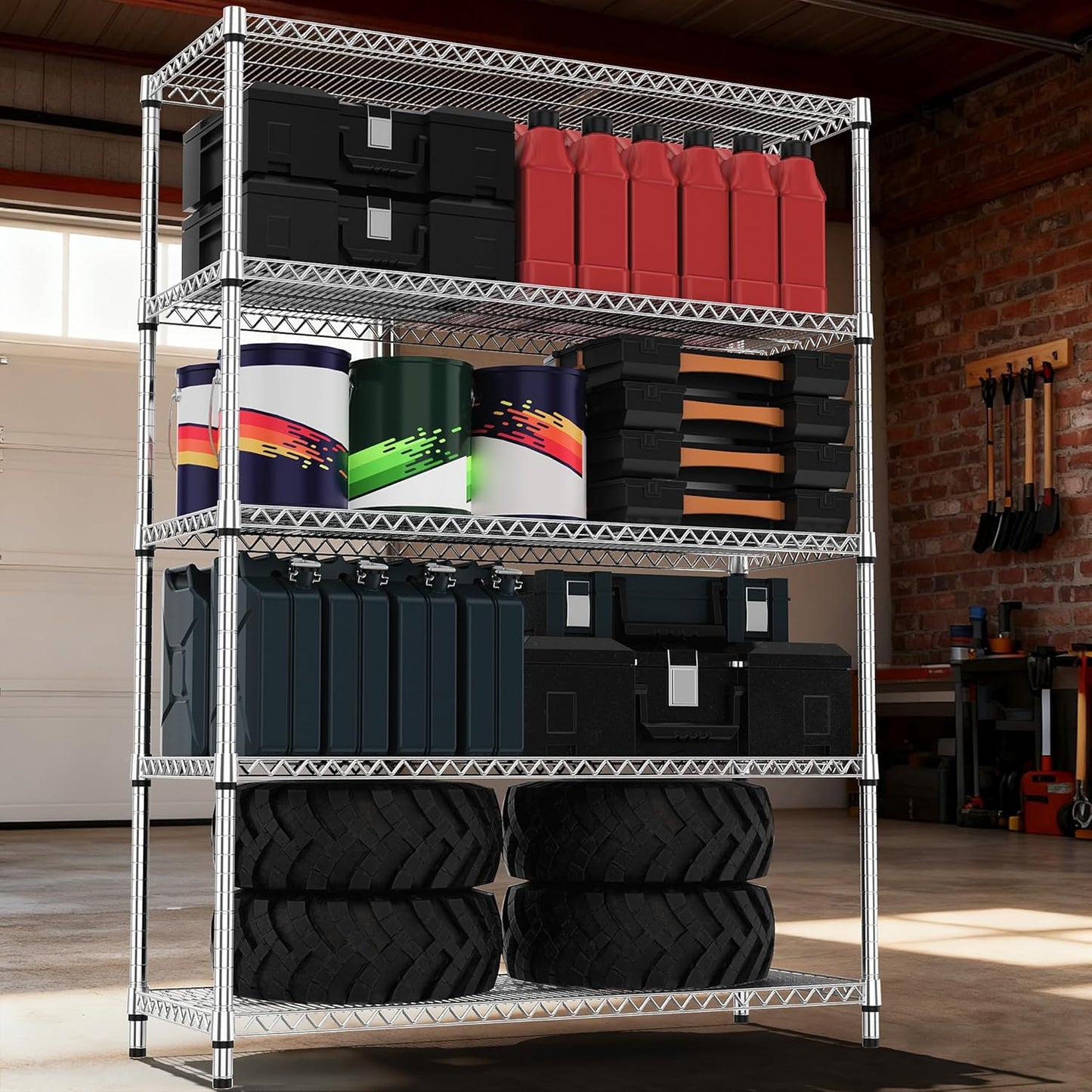 5 Tiers Shelf Metal Storage Shelves 3300 lbs Steel Storage Shelving Utility Shelving Unit Steel Organizer Wire Rack for Home,Kitchen,Office,Garage Chrome 17.7" D x 47.2" W x 70.3" H
