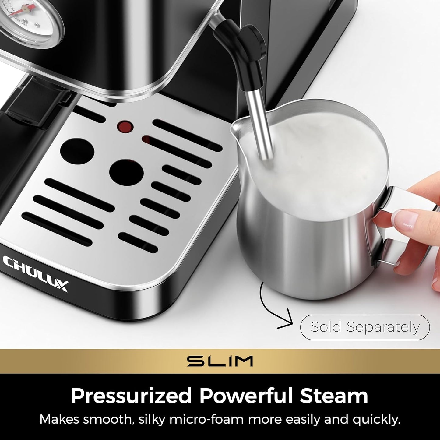 CHULUX Slim Espresso Machine with Milk Frother Steam Wand, 20 Bar Professional Italian Pump Espresso Coffee Machine for Home Cappuccino & Latte Maker, Black Stainless Steel