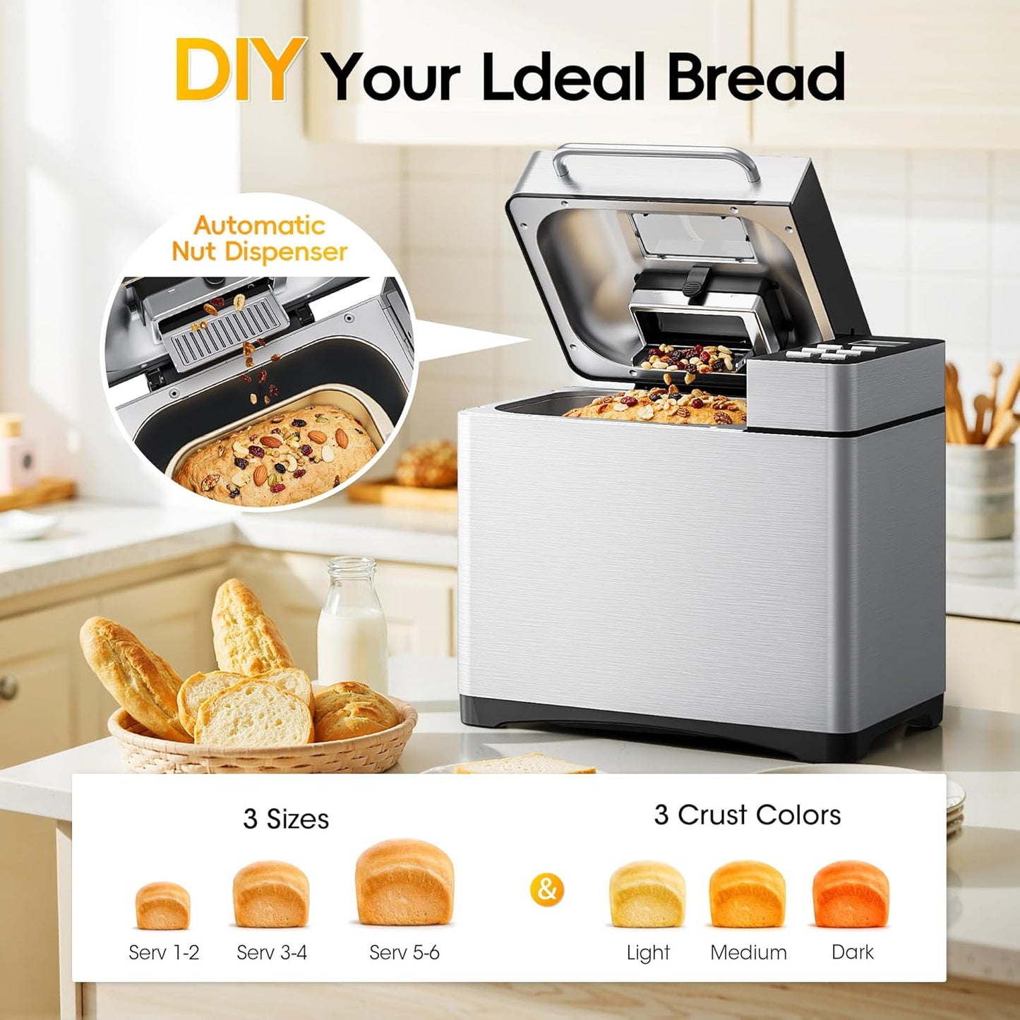 Manastin 2LB & 1.5LB Bread Maker Machine, 19-in-1 Automatic with 3 Crust Colors, 3-Step Beginner-Friendly Operation, Keep Warm, Programmable Delay Timer for Homemade Bread, Silver