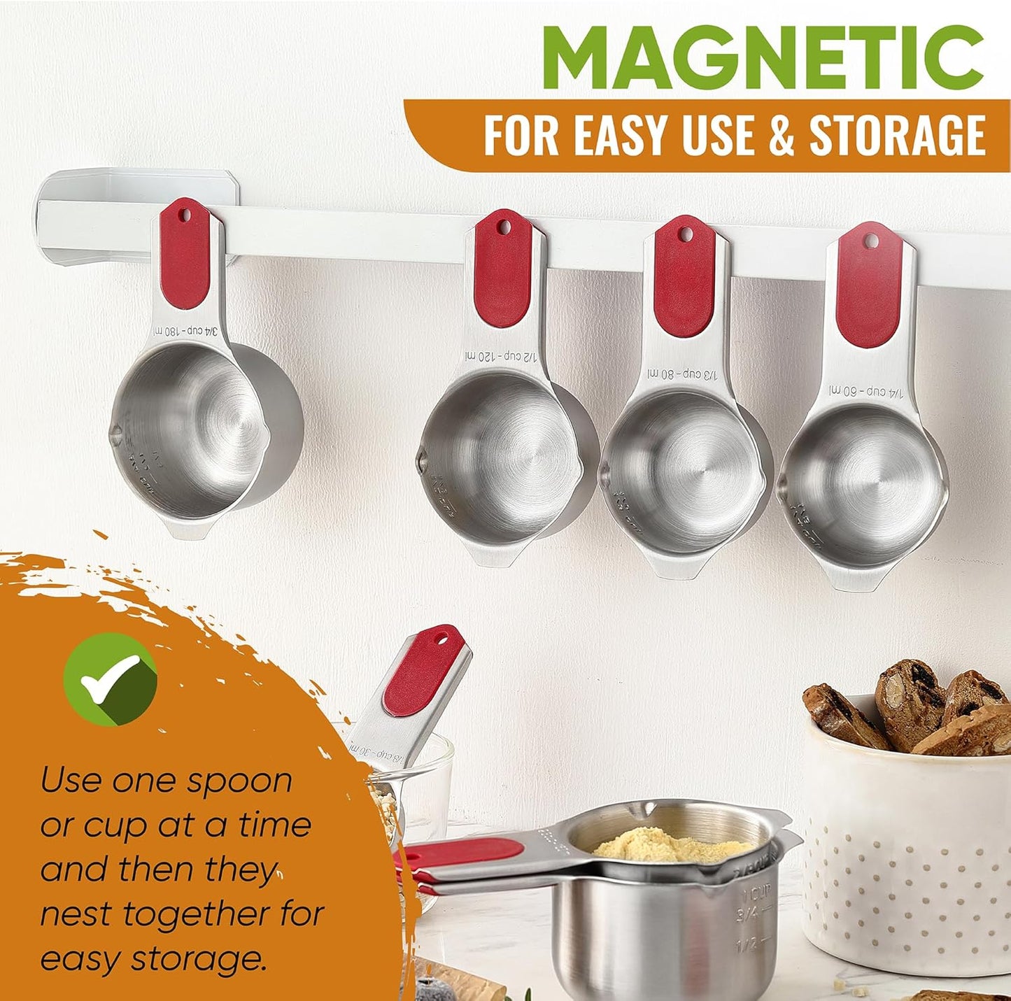Spring Chef Magnetic Measuring Cups & Spoons Set, Patented, Strong N45 Magnets, Heavy Duty Stainless Steel Fits in Spice Jars for Baking & Cooking, BPA Free, Round Set of 15 with Leveler, Red