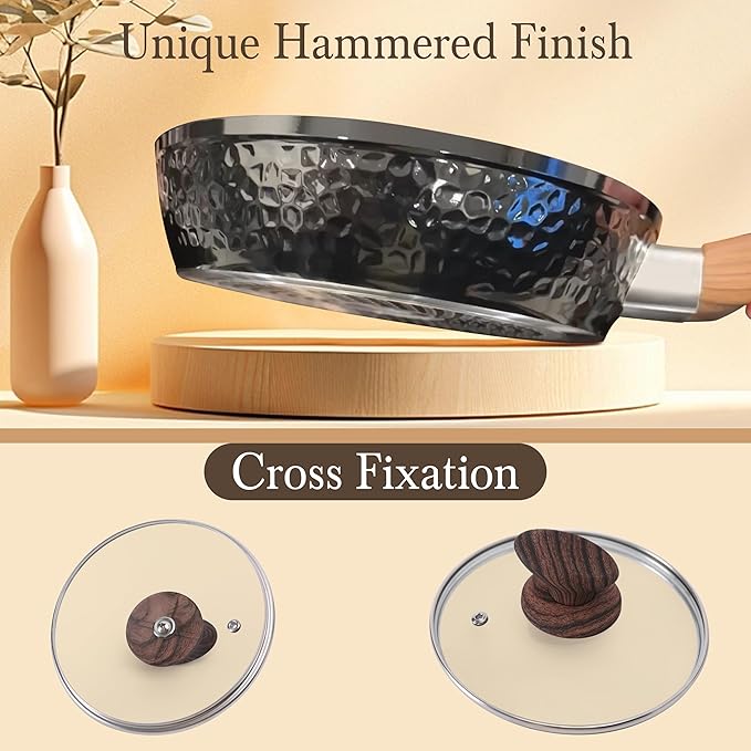 Kitchen Academy Induction Pots and Pans Set Non Stick - 12 Pcs Nonstick Kitchen Cookware Set, Black Hammered Cooking Pans Set