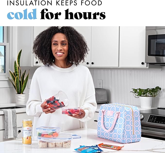 Fit & Fresh Bloomington Lunch Bag for Women - Insulated Large Lunch Box for Work with Containers, Leak-Resistant, Stain-Resistant, Zipper Closure, All Smiles Bubble Gum