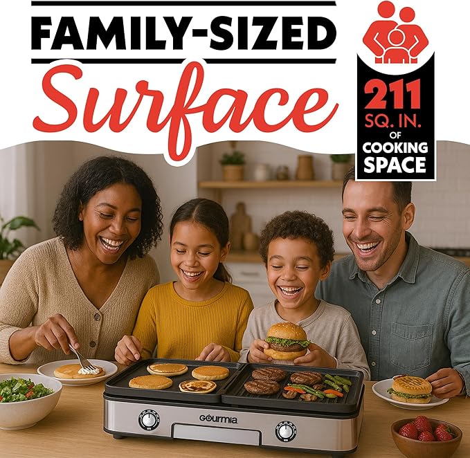 Gourmia 3-in-1 Indoor Grill & Griddle Electric Combo – Dual Independent Cooking Zones, Reversible Nonstick Ceramic Plates, XL Cooking Surface, 250–400°F Adjustable Temp, Dishwasher Safe