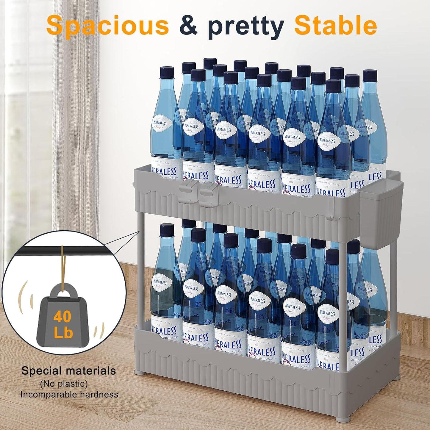 2 Pack Under Sink Organizer, Under Bathroom Cabinet Organizer with Hooks Hanging Cup, Multi-Purpose Storage Shelf for Kitchen Bathroom (Gray, XL)