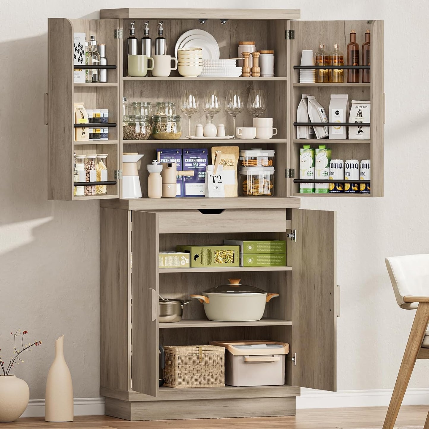 ONBRILL 71" Tall Kitchen Pantry Cabinet, Pantry Storage Cabinet with 6 Door Shelves, Hidden Drawer and Adjustable Shelf, Freestanding Rustic Wood Pantry for Kitchen, Dining Room (Grey Oak)