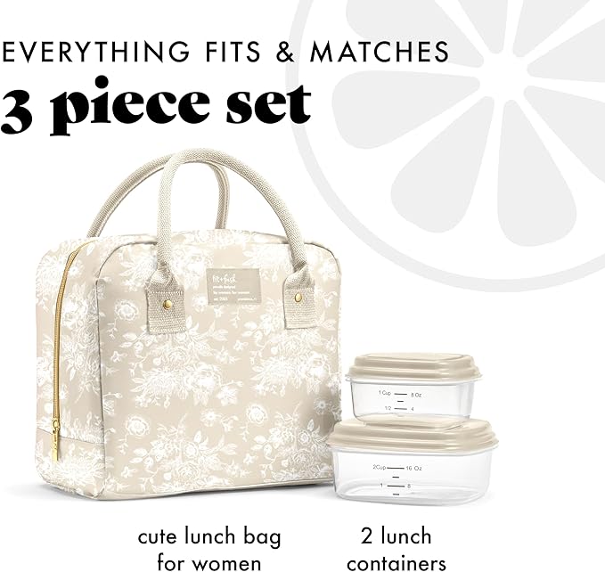 Fit & Fresh Bloomington Lunch Bag for Women - Insulated Large Lunch Box for Work with Containers, Leak-Resistant, Stain-Resistant, Zipper Closure, Tan Toile