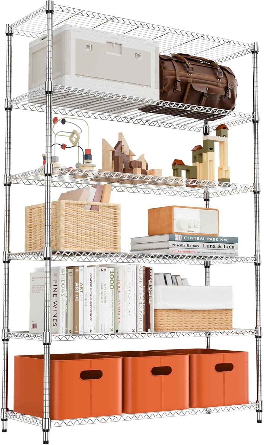 6 Tiers Shelf 2100 lbs Steel Storage Shelving Utility Shelving Unit Steel Organizer Wire Rack for Home,Kitchen,Office,Garage Chrome 17.7" D x 47.2" W x 82.4" H
