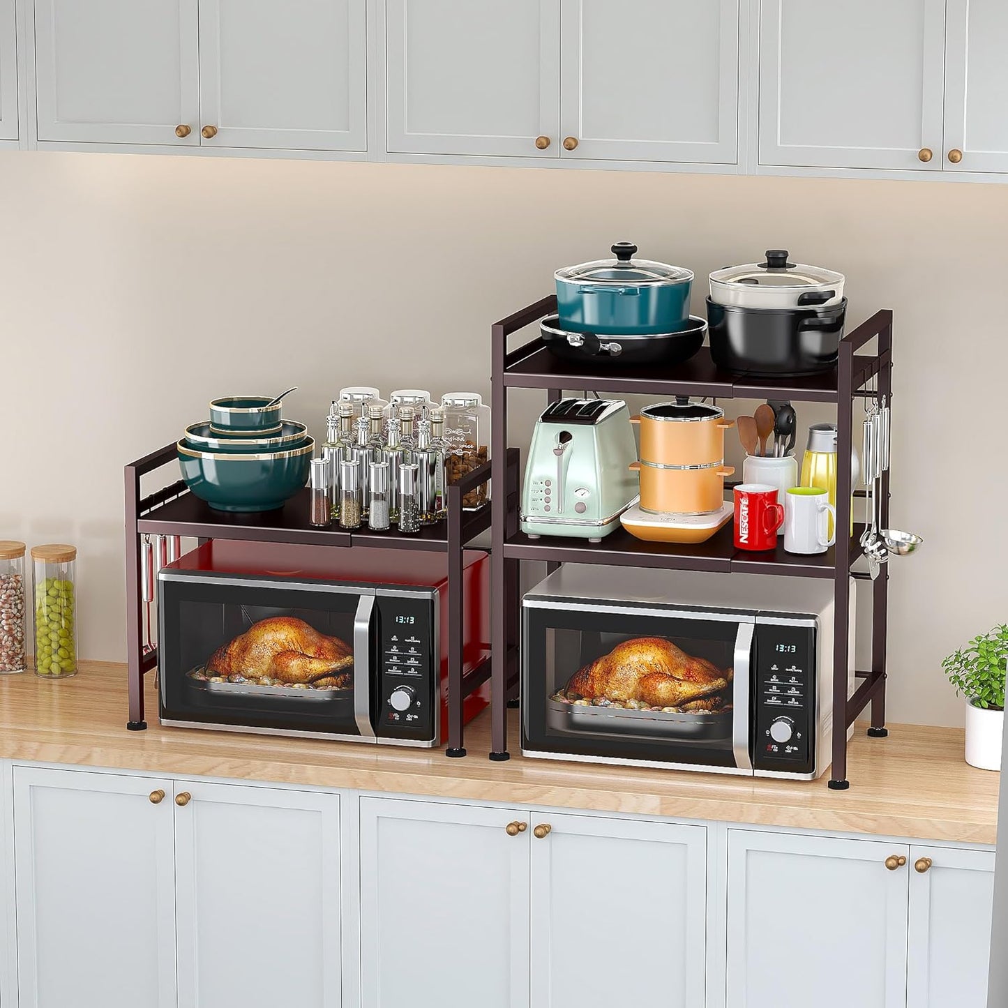PUSDON Extendable Microwave Oven Rack, Adjustable Microwave/Toaster Shelf Heavy Duty Stand Kitchen Counter Top Organizer, 2 Tier with 3 Hooks, 160lbs Weight Capacity, Bronze