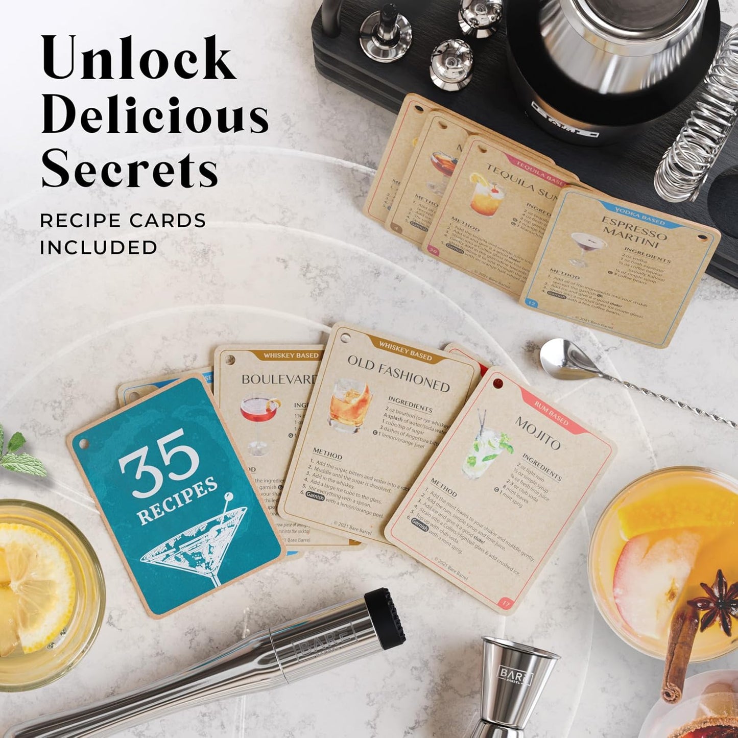 BARE BARREL® Mixology Bartender Kit Bar Set | 14-Piece Cocktail Shaker Set | Martini Barware Mixing Tools for Home Bartending | 35 Recipe Cards | Gift Set (28oz Boston Shaker, Silver/Black)