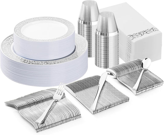 175PCS Silver Plastic Dinnerware Set for 25 Guests, Disposable Plates for Party, Wedding, Include 25 Dinner Plates, 25 Dessert Plates, 25 Set Silver Silverware, 25 Cups, 25 Napkins