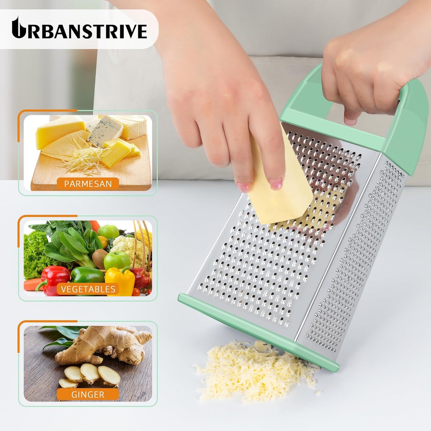 Urbanstrive Cheese Grater With Container, Professional Cheese Grater with Handle, Stainless Steel Graters for Kitchen Handheld, Box Grater with 4 Sides for Vegetables, Ginger, Potatoes (Mint Green)
