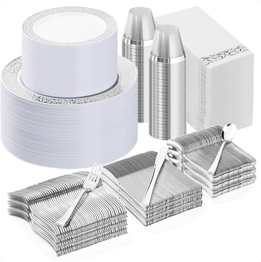 700PCS Silver Plastic Dinnerware Set for 100 Guests, Disposable Plates for Party, Include 100 Dinner Plates, 100 Dessert Plates, 100 Set Silver Silverware, 100 Cups, 100 Napkins