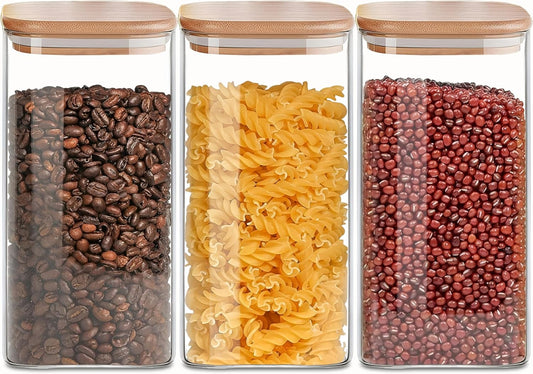 1.6 Qt Square Glass Storage Containers with Lids, Clear Food Storage Container Jar with Sealing Bamboo Lid for Noodles Flour Cereal Rice Sugar Tea Coffee Beans,Square Set of 3