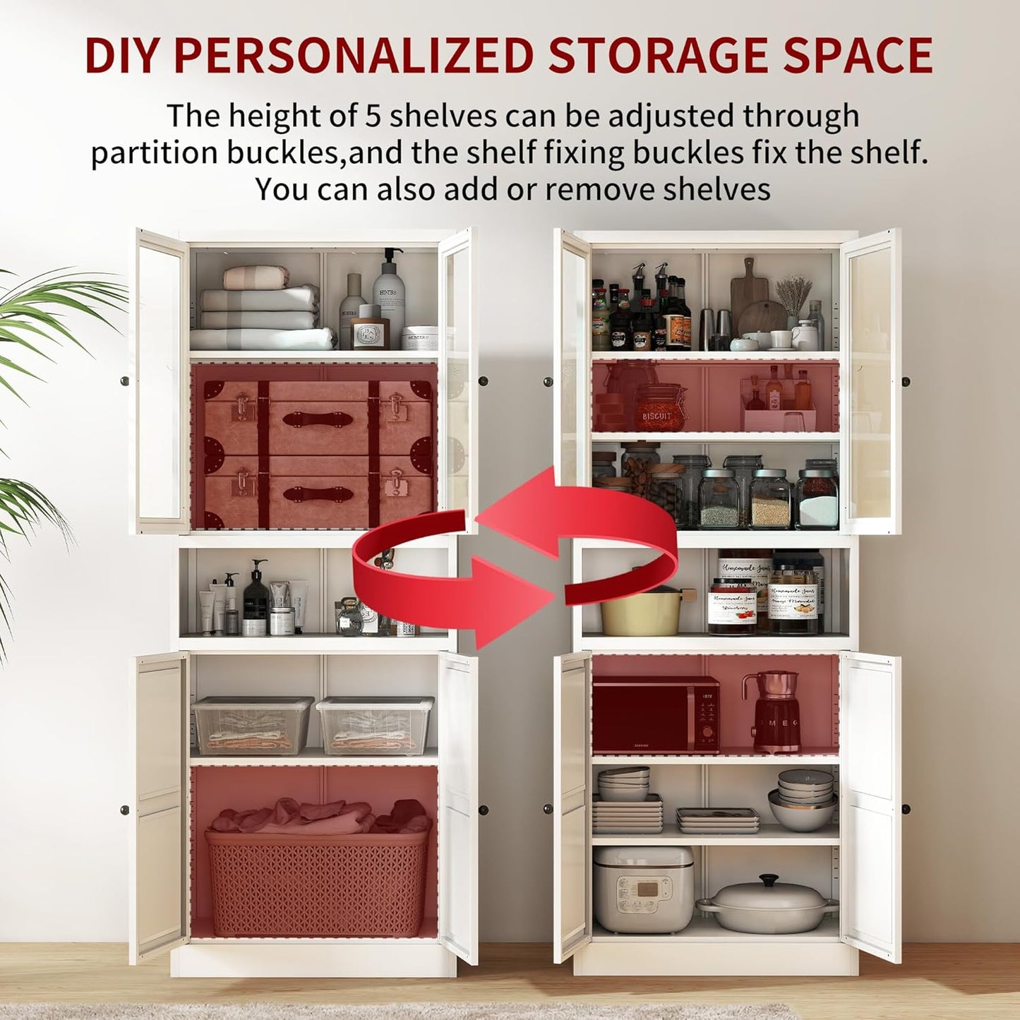 AQY Kitchen Pantry Cabinet,72" White Pantry Storage Cabinet with Adjustable Shelves and Glass Doors,Freestanding Cupboard,Metal Pantry Cabinets with Handle for Living Room Kitchen Assembly Required