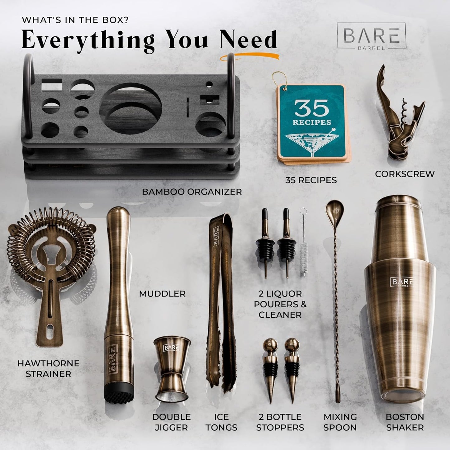 BARE BARREL® Mixology Bartender Kit Bar Set | 14-Piece Cocktail Shaker Set | Martini Barware Mixing Tools for Home Bartending | 35 Recipe Cards | Gift Set (28oz Boston Shaker, Brass/Black)