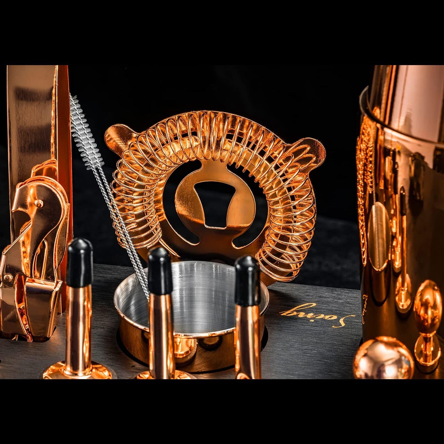 Soing 24-Piece Cocktail Shaker Set,Perfect Home Bartender Kit for Drink Mixing,Stainless Steel Bar Tools with Stand,Velvet Carry Bag & Recipes Cards Included (Rose copper)