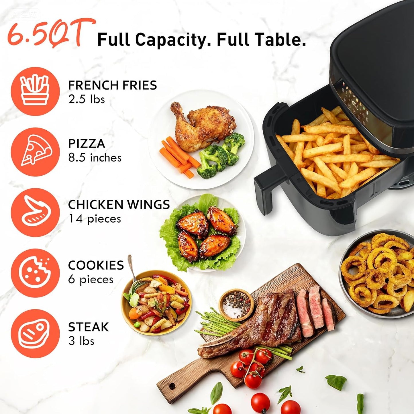 Air Fryer 6.5 QT,8 in 1 with Visible Window,LED display, 400℉ Precise Temperature Control, Shake Reminder&Pre-heat indicator,Metal inner cavity,Nonstick & Dishwasher Safe Basket