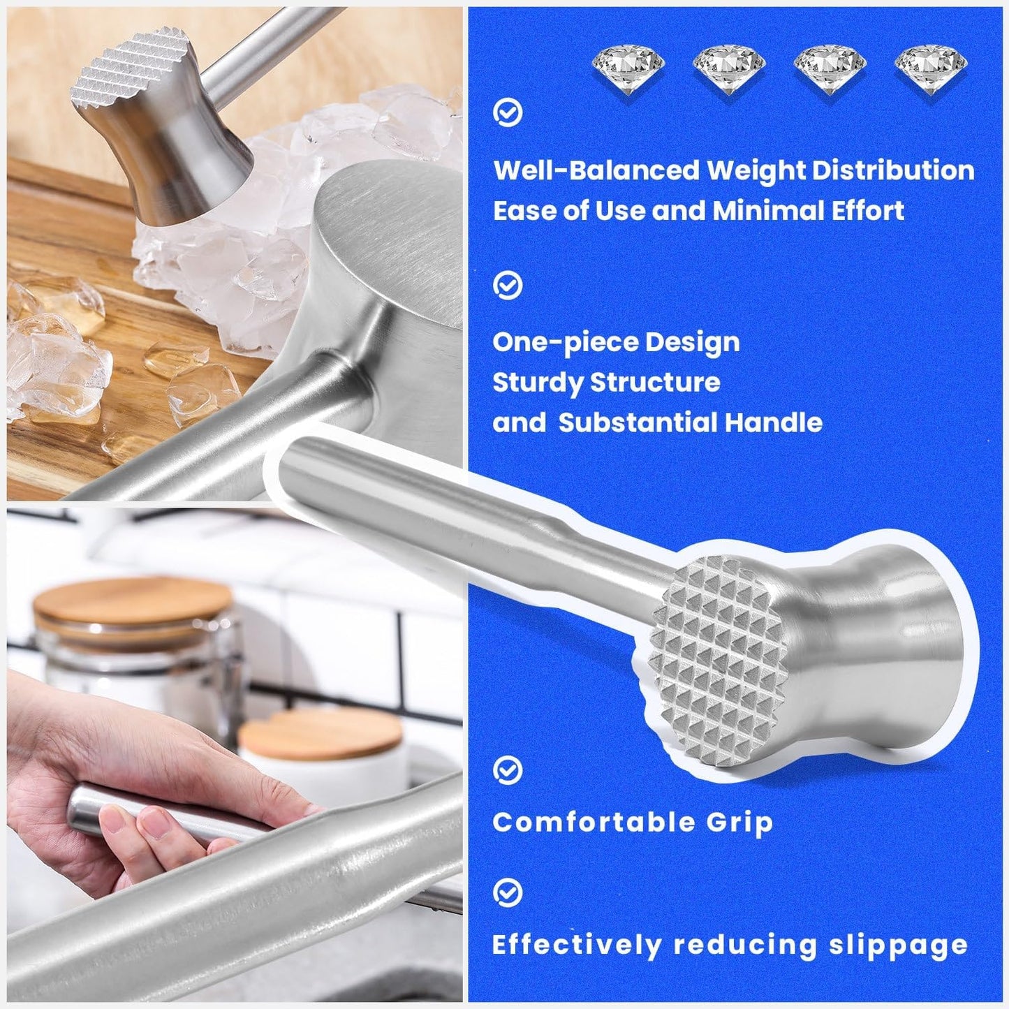 304 Stainless Steel Meat Tenderizer Mallet, Dual Side Meat Hammer Chicken Pounder, Heavy Duty Meat Beater for Steak and Beef, Meat Pounder Kitchen Cooking Mallet Dishwasher Safe