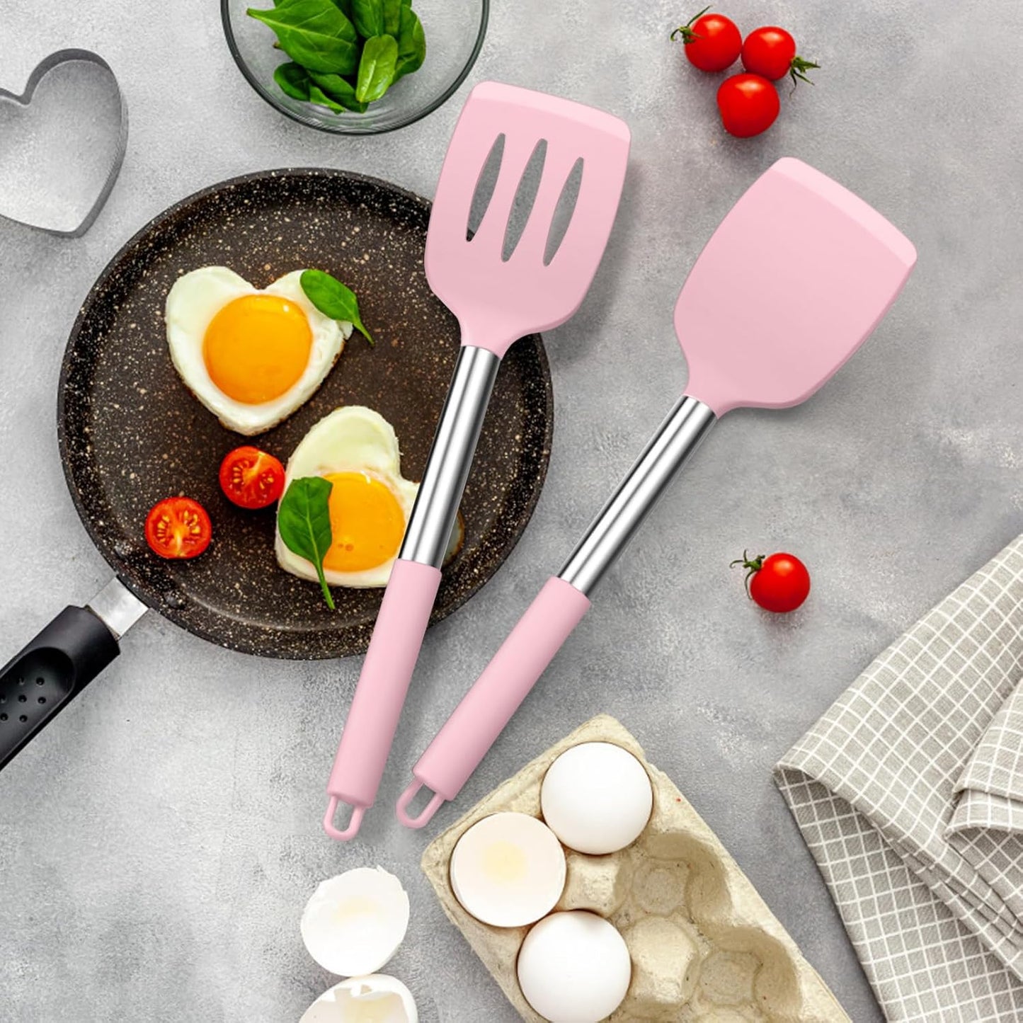 E-far Silicone Spatula Set of 2, Solid & Slotted Turner for Nonstick Cookware, Heat Resistant Rubber Kitchen Cooking Utensils for Flipping Fish Pancake Egg - Pink