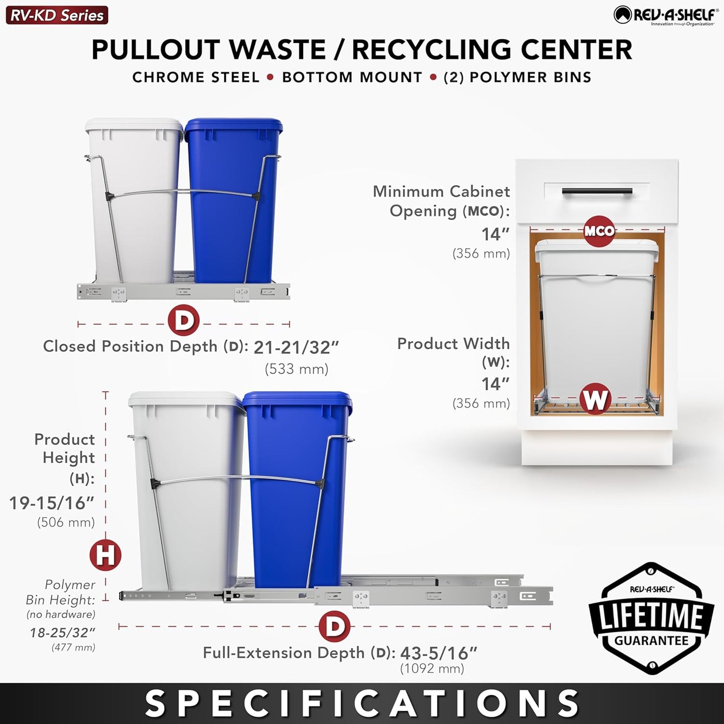 Rev-A-Shelf RV-18KD-11RC-S Double Pullout Trash Can for Kitchen Cabinets 35 Qt Garbage Recycling Bin on Full Extension Slide, Blue/White