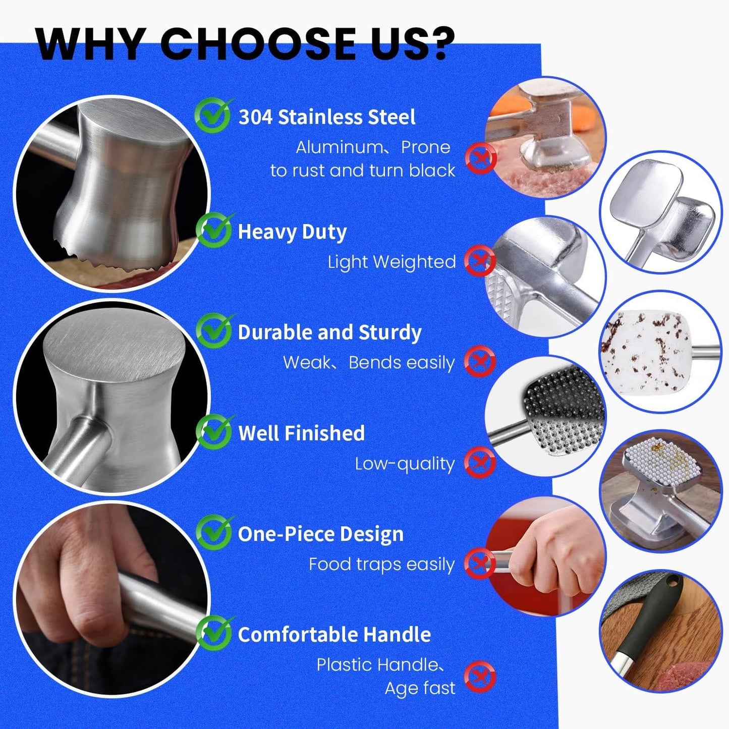 304 Stainless Steel Meat Tenderizer Mallet, Dual Side Meat Hammer Chicken Pounder, Heavy Duty Meat Beater for Steak and Beef, Meat Pounder Kitchen Cooking Mallet Dishwasher Safe