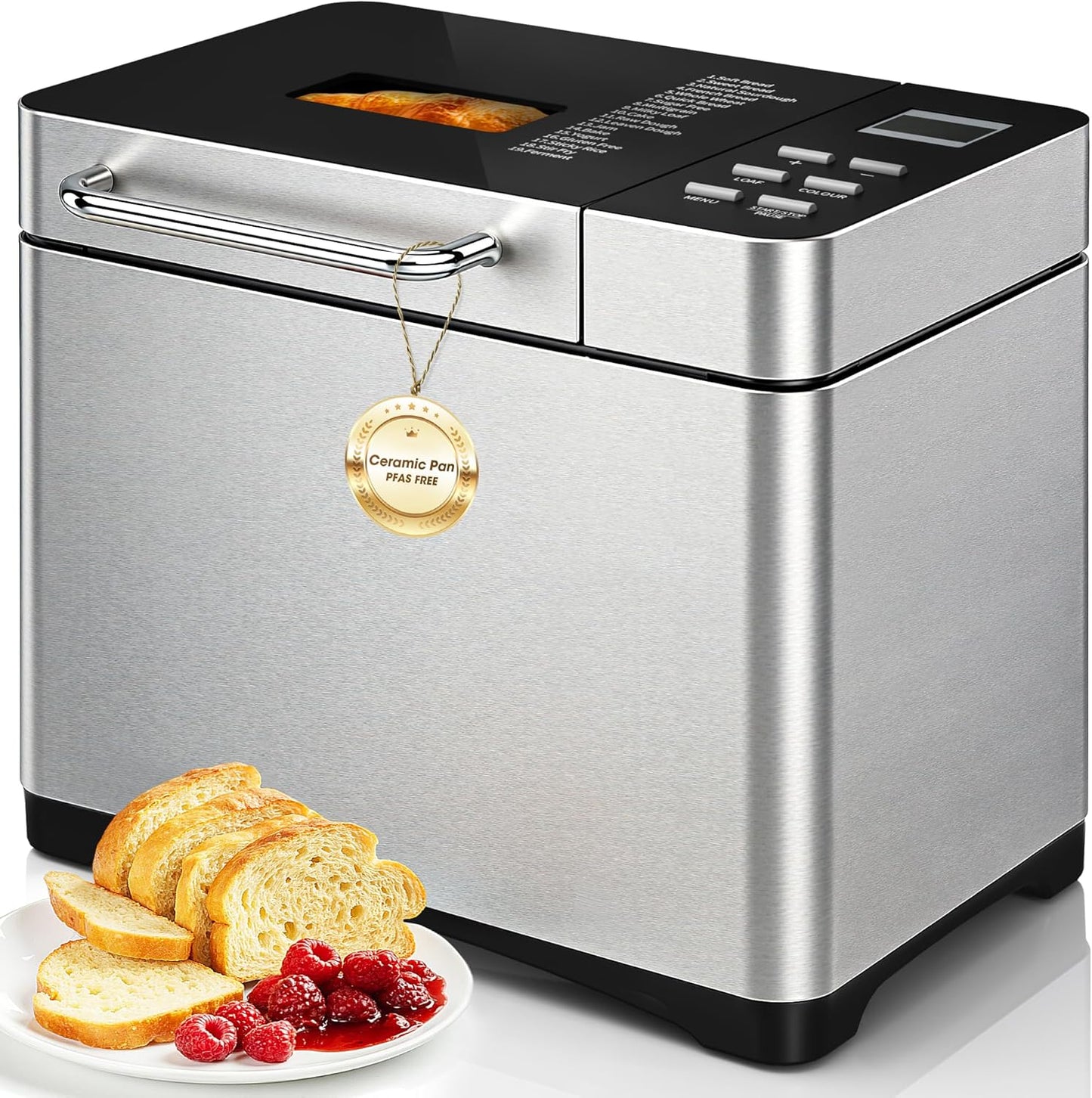 Manastin 2LB & 1.5LB Bread Maker Machine, 19-in-1 Automatic with 3 Crust Colors, 3-Step Beginner-Friendly Operation, Keep Warm, Programmable Delay Timer for Homemade Bread, Silver