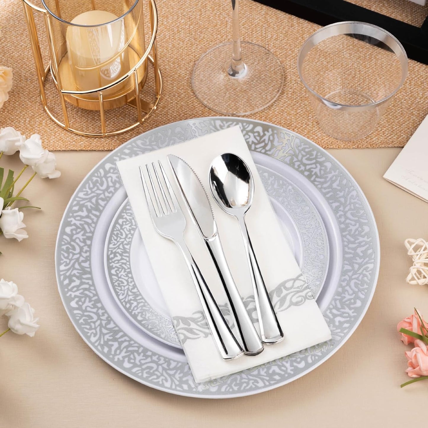 350PCS Silver Plastic Dinnerware Set for 50 Guests, Disposable Plates for Party, Wedding, Include 50 Dinner Plates, 50 Dessert Plates, 50 Set Silver Silverware, 50 Cups, 50 Napkins