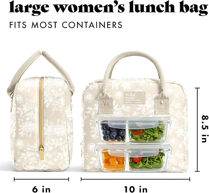 Fit & Fresh Bloomington Lunch Bag for Women - Insulated Large Lunch Box for Work with Containers, Leak-Resistant, Stain-Resistant, Zipper Closure, Tan Toile