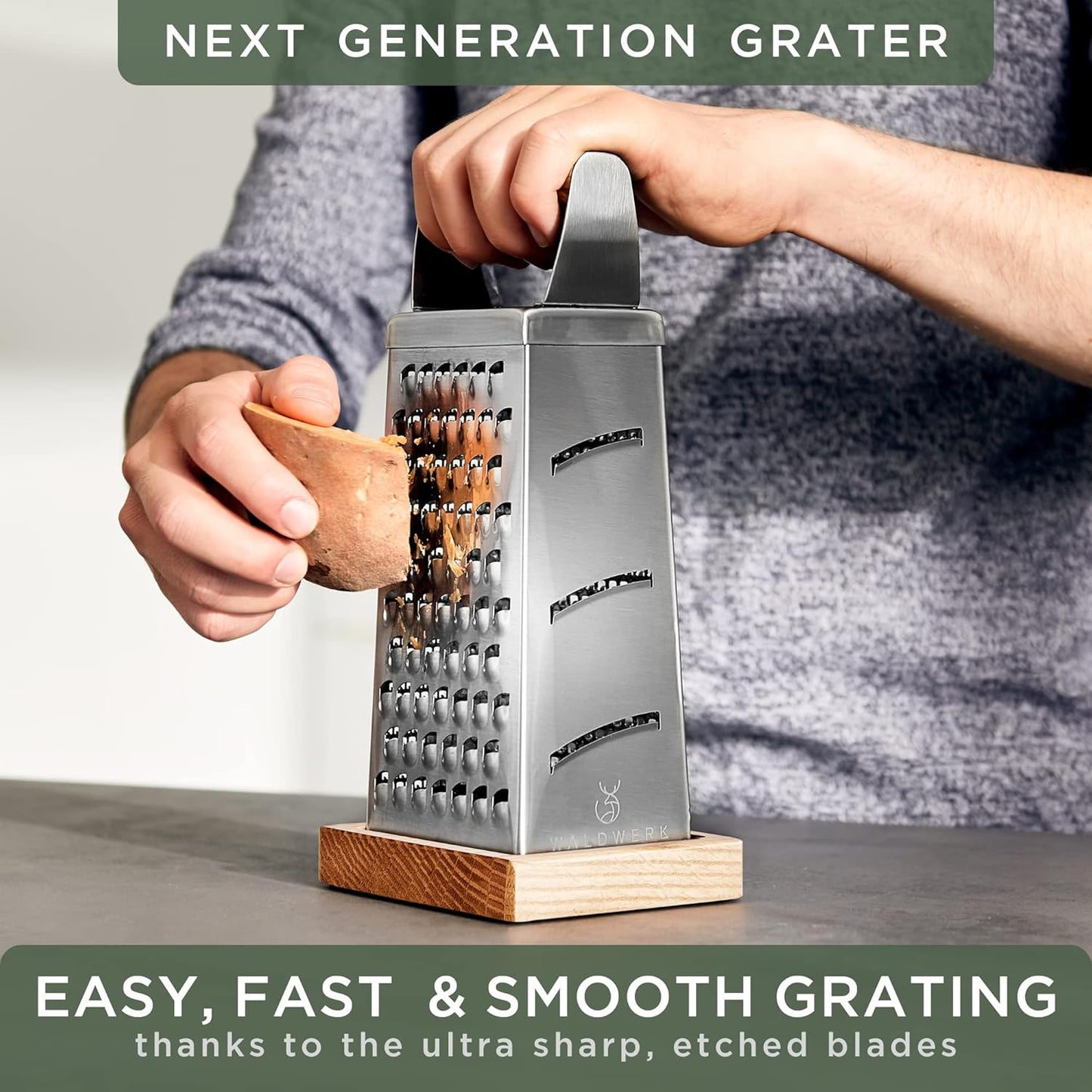 WALDWERK Premium Grater with Etched Stainless Steel Blades - Grater for Kitchen with Oak Wood Base - Box Grater with 4 Sides for Parmesan Cheese, Vegetables, Carrots, or Potatoes - Cheese Grater