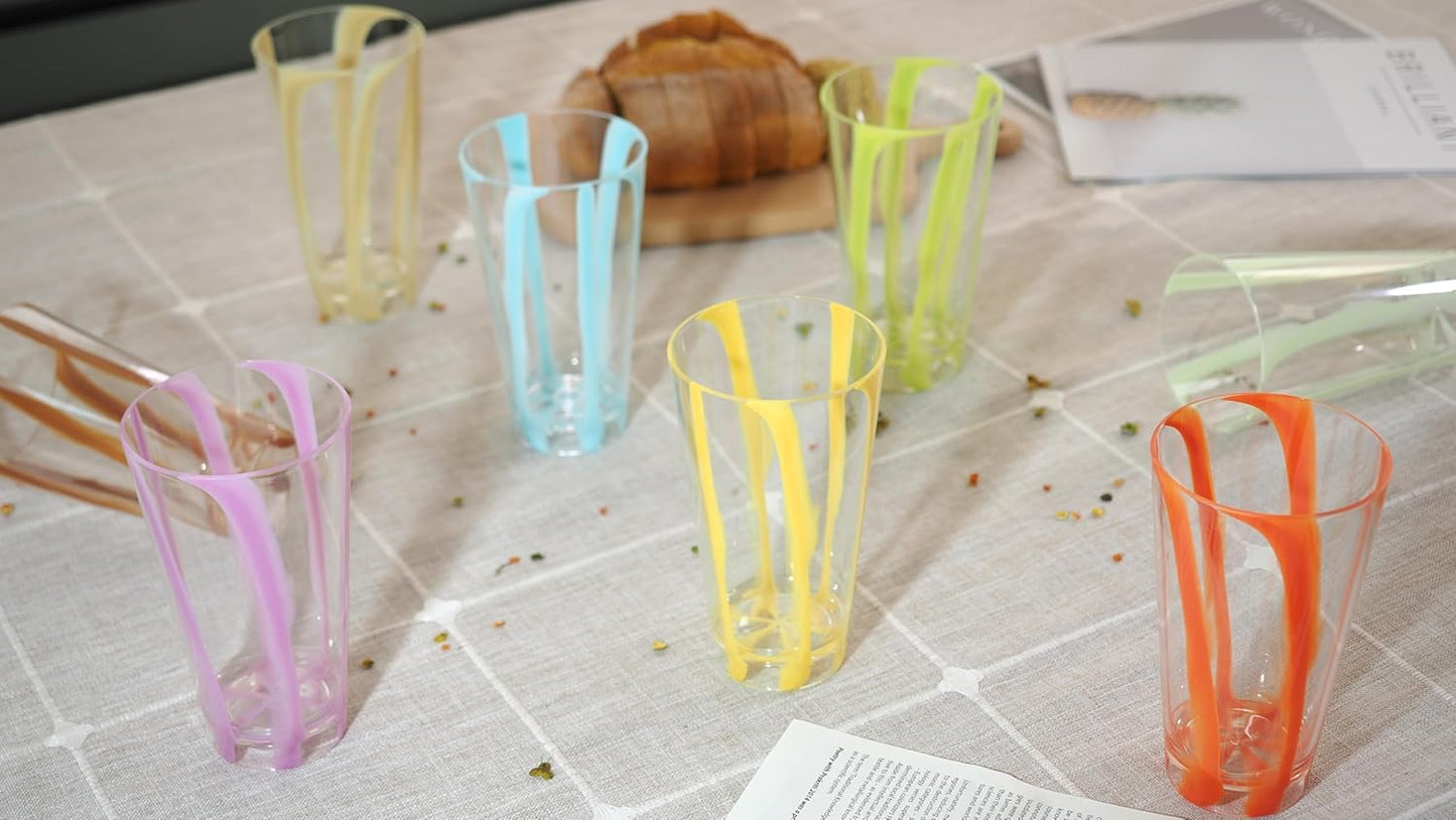 Set of 8 Plastic Striped Circus Drinking Cups Tumblers, Reusable MS Glasses 22 oz - BPA Free, Dishwasher Safe, Colorful, Stackable