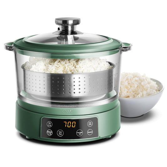 COOK WITH COLOR 3L Glass Low Carb Rice Cooker - Makes 6 Cups Cooked Low Sugar Rice with Auto Lift Filter Basket, Hotpot & Steamer for Rice, Grains and Oats, Digital Panel with Keep Warm, Dark Sage