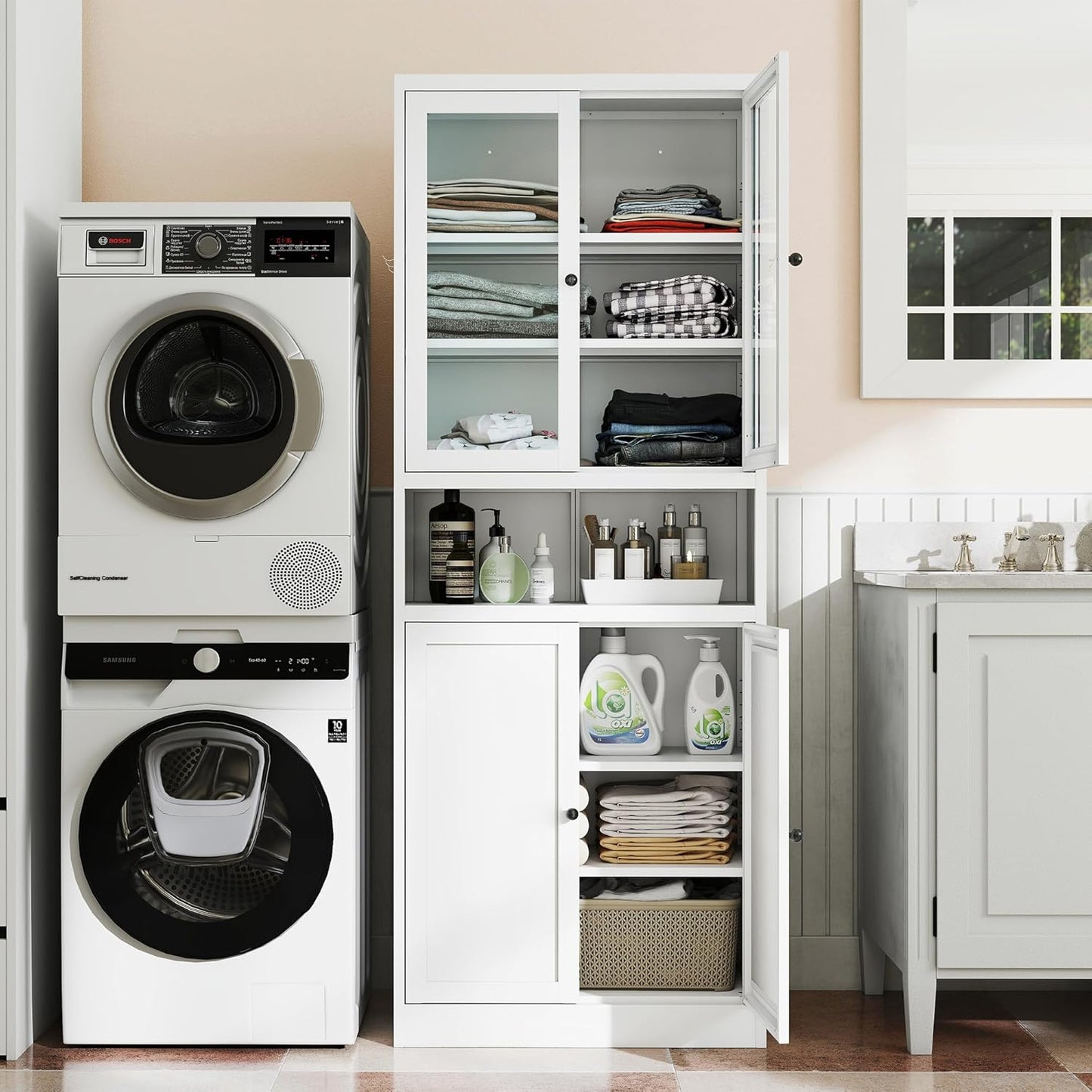 AQY Kitchen Pantry Cabinet,72" White Pantry Storage Cabinet with Adjustable Shelves and Glass Doors,Freestanding Cupboard,Metal Pantry Cabinets with Handle for Living Room Kitchen Assembly Required
