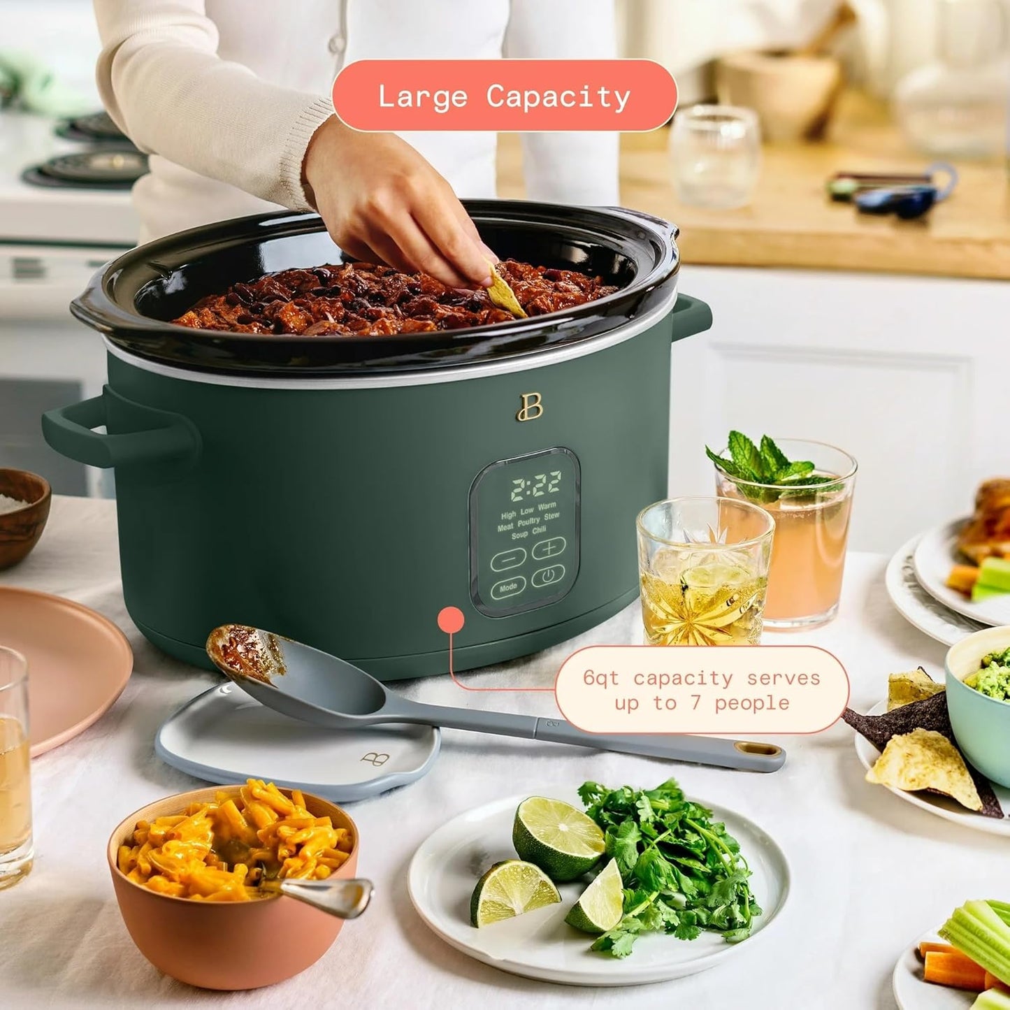 Beautiful 6 Qt Programmable Slow Cooker by Drew Barrymore - 5 Preset Cooking Functions, Digital Countdown Timer, Dishwasher-Safe Parts, and Cool-Touch Handles (Thyme Green)
