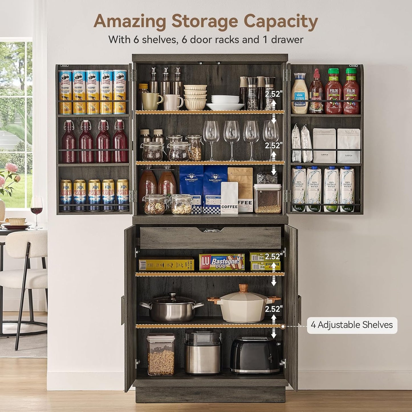 ONBRILL 71" Tall Kitchen Pantry Cabinet, Pantry Storage Cabinet with 6 Door Shelves, Hidden Drawer and Adjustable Shelf, Freestanding Rustic Wood Pantry for Kitchen, Dining Room (Black Smoky)