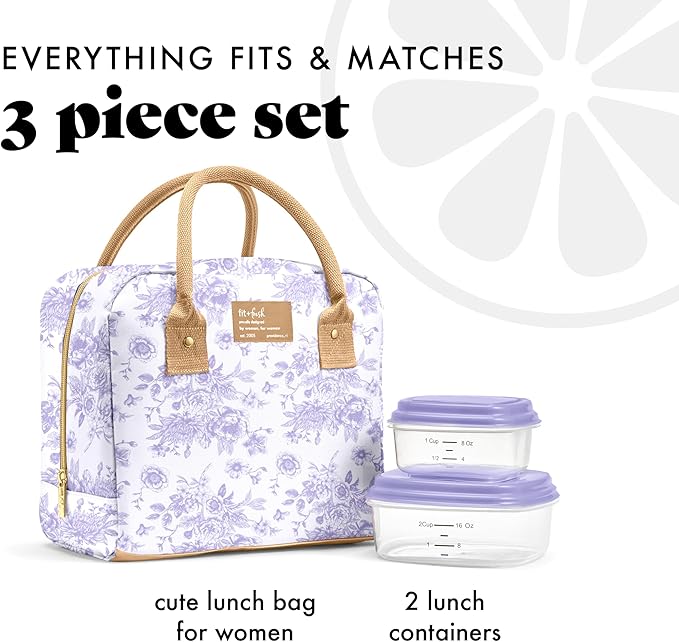 Fit & Fresh Bloomington Lunch Bag for Women - Insulated Large Lunch Box for Work with Containers, Leak-Resistant, Stain-Resistant, Zipper Closure, Lavender Toile