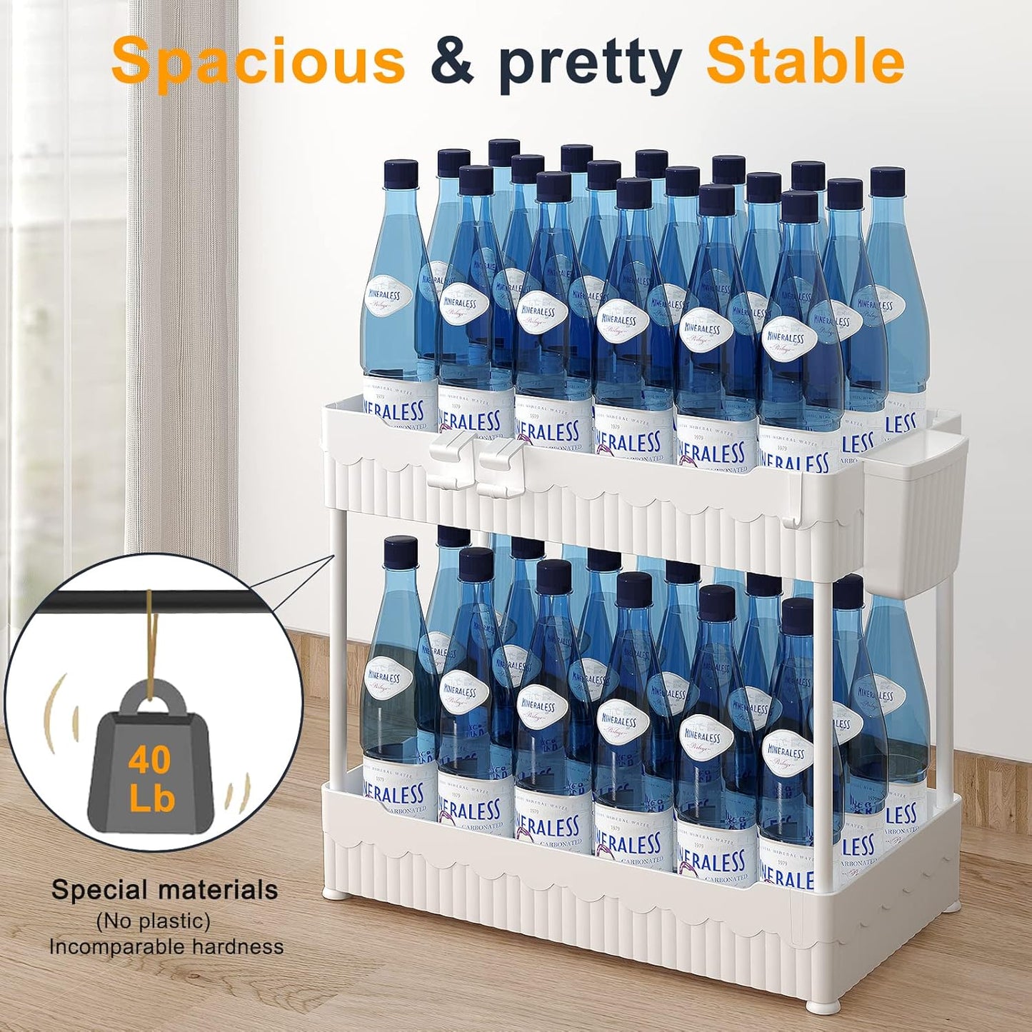 2 Pack Under Sink Organizer, Under Bathroom Cabinet Organizer with Hooks Hanging Cup, Multi-Purpose Storage Shelf for Kitchen Bathroom (White, XL)