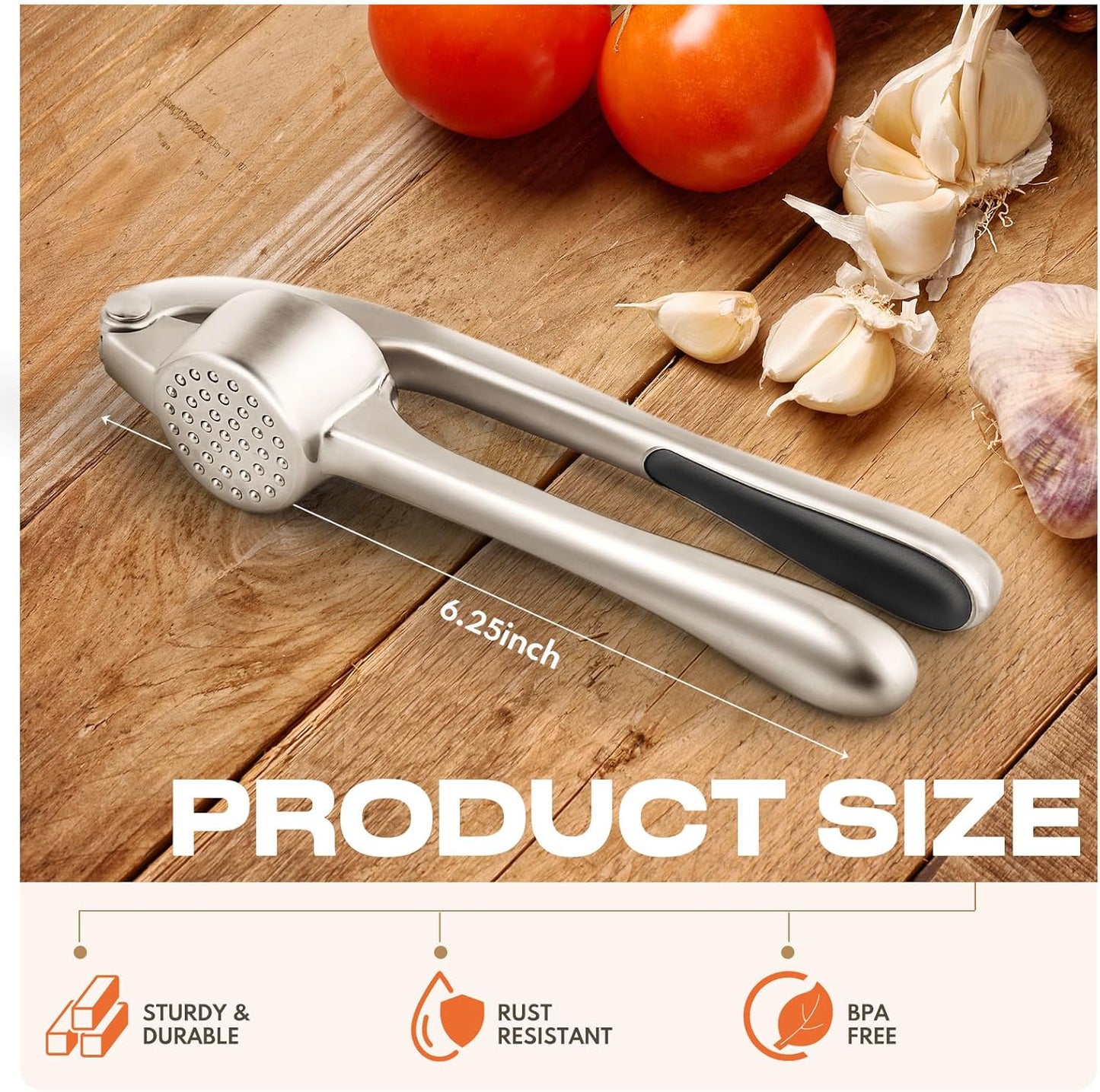 Kitchen Garlic Press, Rust Proof & Dishwasher Safe Garlic Mincer, Durable Garlic Crusher Set with Peeler＆Brush, Easy to Clean and Squeeze, Matte