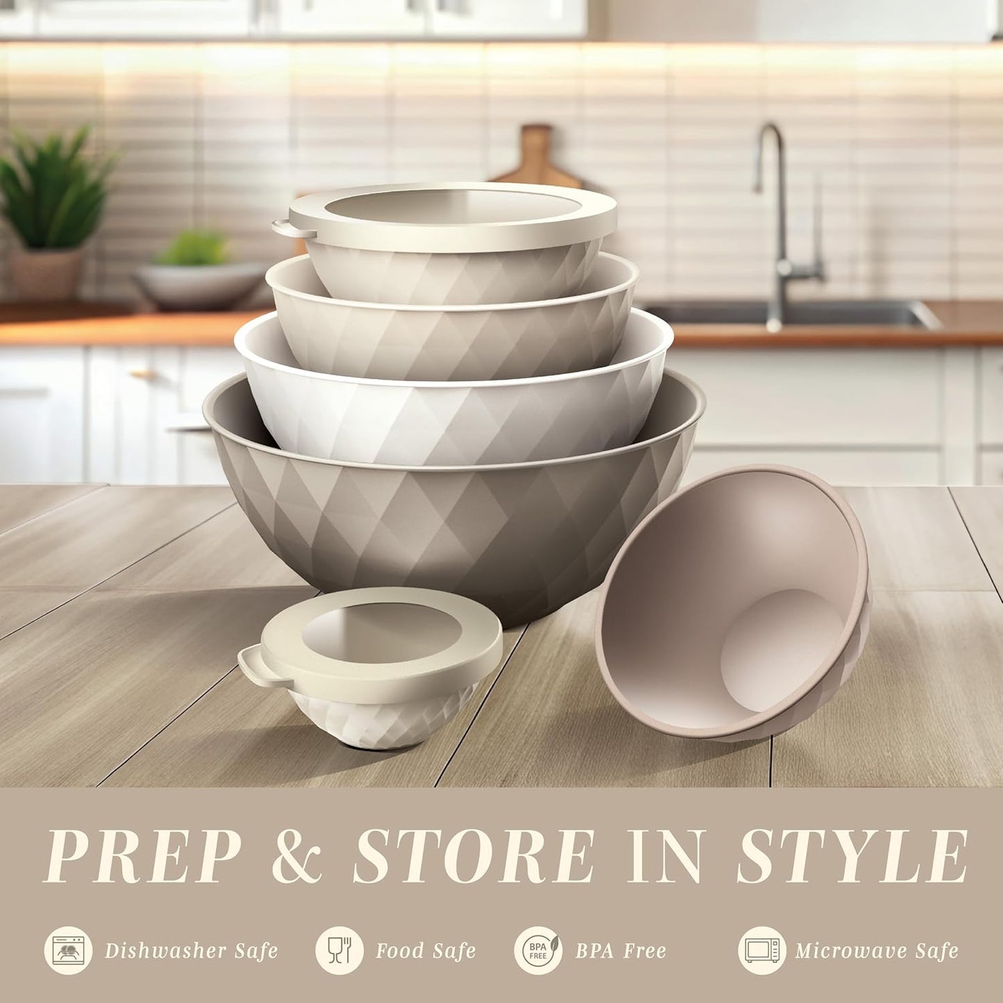 COOK WITH COLOR Mixing Bowls with Lids - 12 Piece Plastic Nesting Bowls Set includes 6 Prep Bowls and 6 Lids, Diamond Design - Microwave Safe, Brown