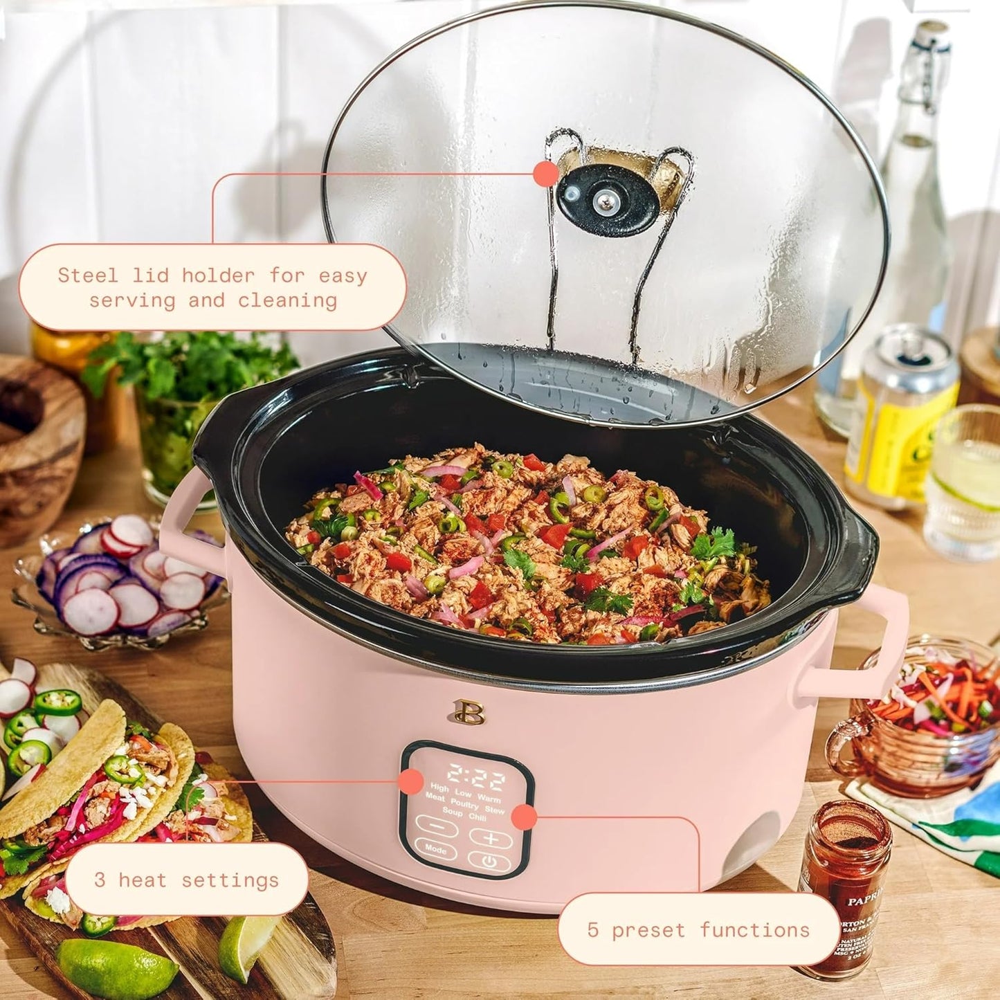 Beautiful 6 Qt Programmable Slow Cooker by Drew Barrymore - 5 Preset Cooking Functions, Digital Countdown Timer, Dishwasher-Safe Parts, and Cool-Touch Handles (Rose.)